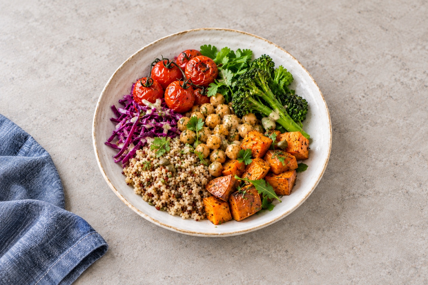 A colourful plate of roast vegetables, chickpeas and grains.